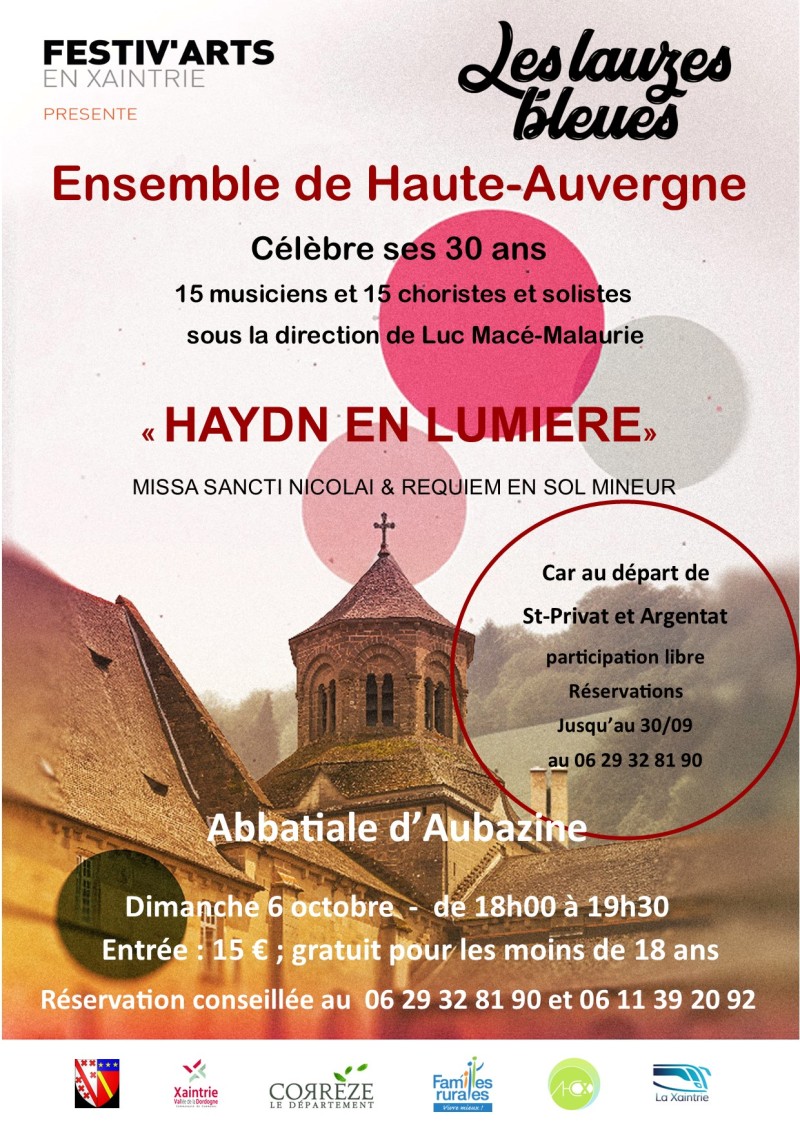 Sur réservation : départ en car depuis Saint-Privat à 16h le 06 octobre (parking cars de la Xaintrie) pour un concert dans l&#039;abbatiale d&#039;Aubazine